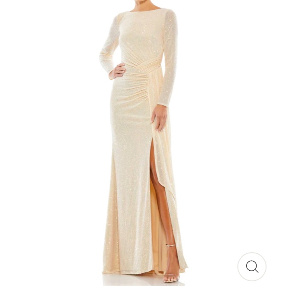 NWOT Ieena for Mac Duggal iridescent sequin ruched long sleeve gown